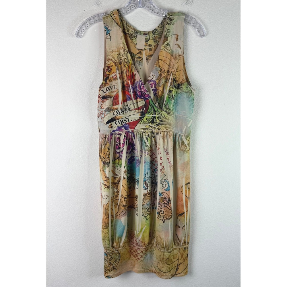 Body Central Dress Womens M Tattoo Print Graphic Love Comes First Y2K Bubble Hem